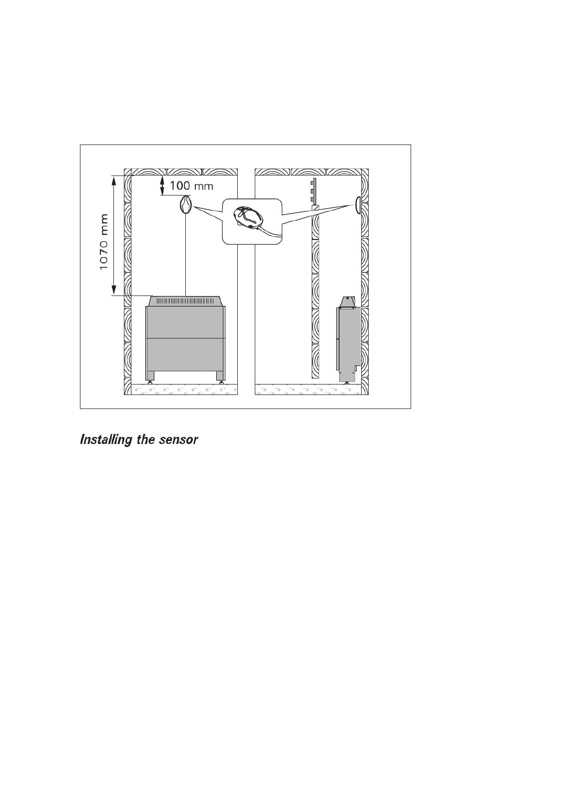Harvia 12kW Concealed Sauna Heater - installation diagram showing sensor and behind-wall mounting